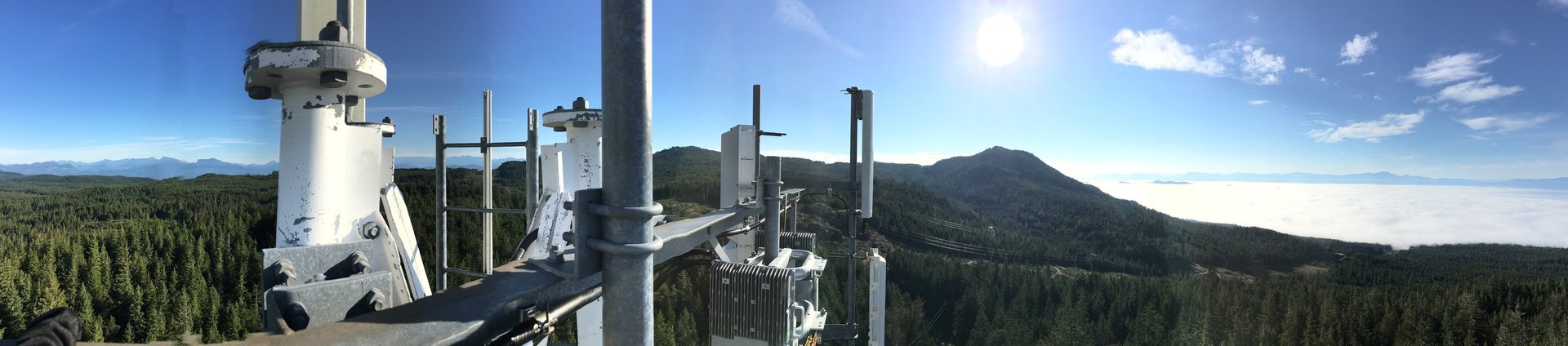 Panoramic view from the top of a working communications tower over Vancouver Island forest
